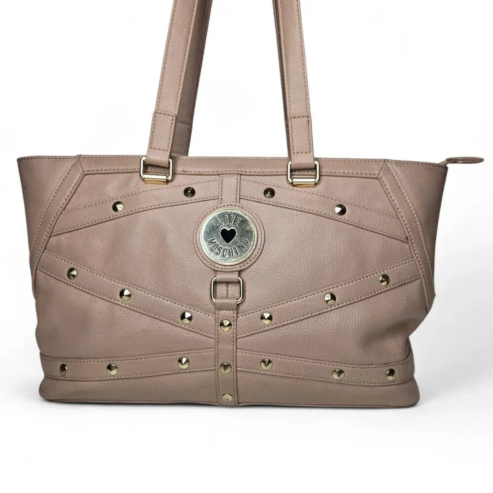 Love Moschino Tan Pebble Leather Shoulder Bag‎ Women's Gold Studded Chunky Coin